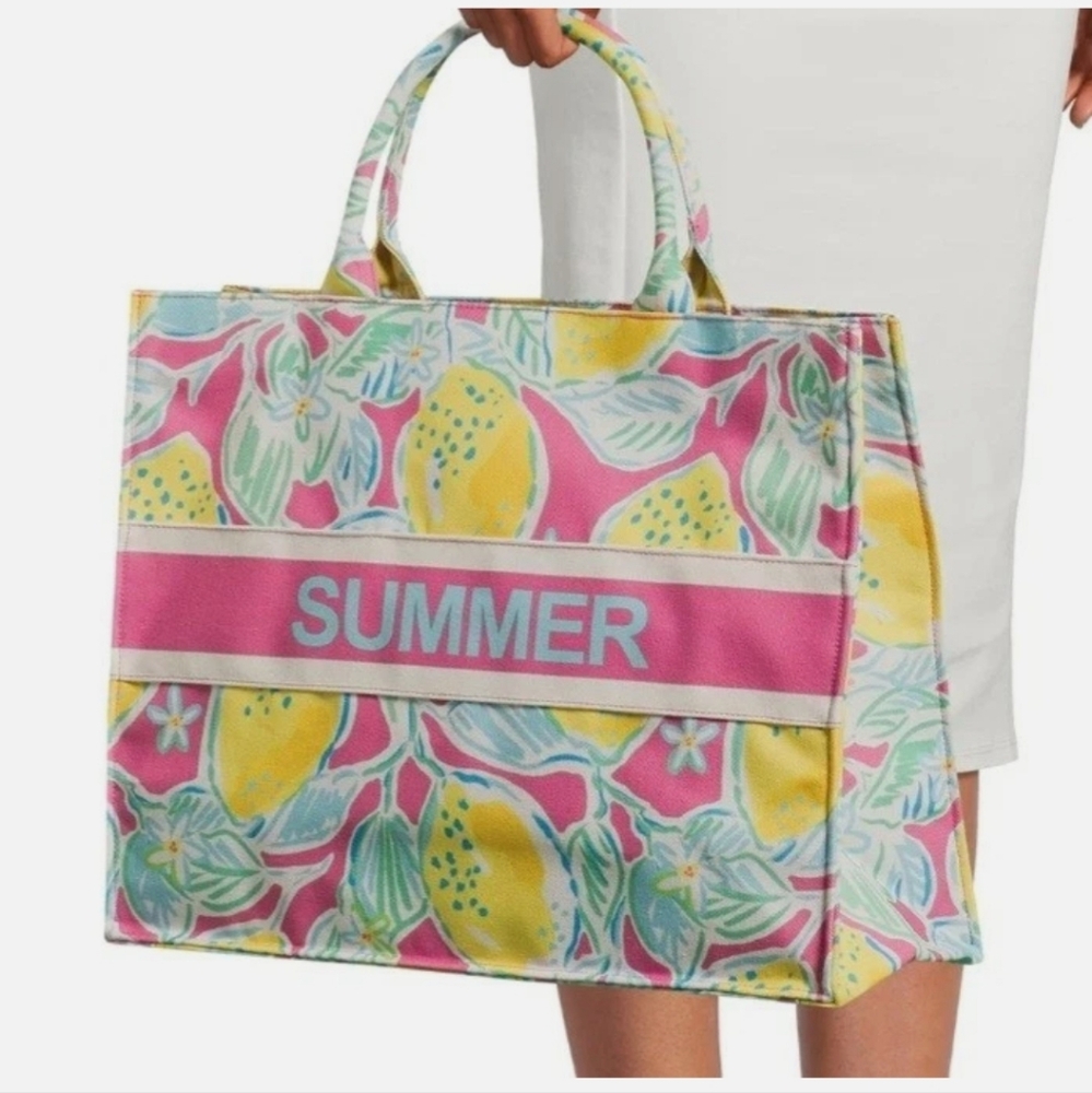 SUMMER Lemons Oversized Canvas Tote Bag 16" Pink & Lemons By London Fog BNWT SO
